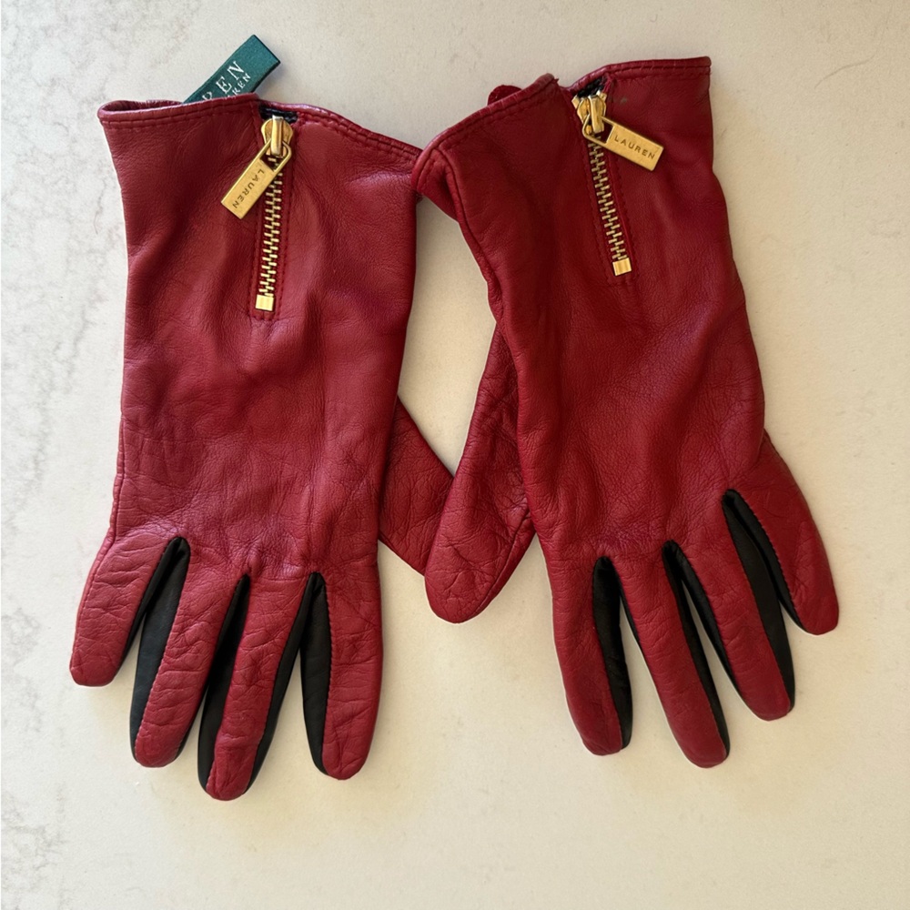Ralph Lauren Red Leather Gloves with Zip Excellent Condition